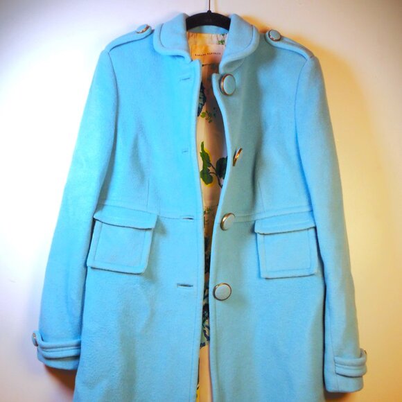 Vintage Banana Republic Full Length Wool Coat Lt Blue w/Floral Lining Epaulets - Picture 1 of 11